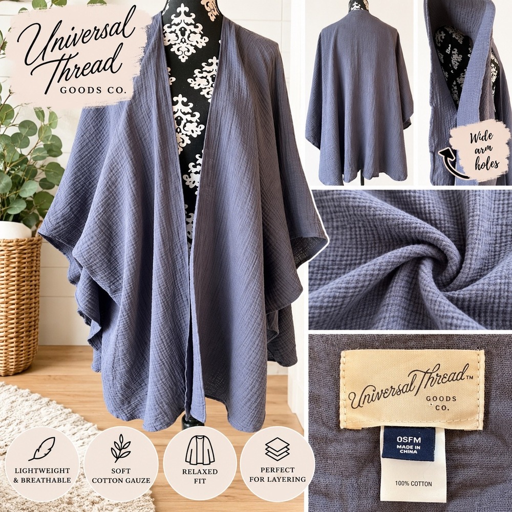 Universal Thread Gray Cotton Gauze Open Front Kimono Wrap OSFM Boho Flow Layers